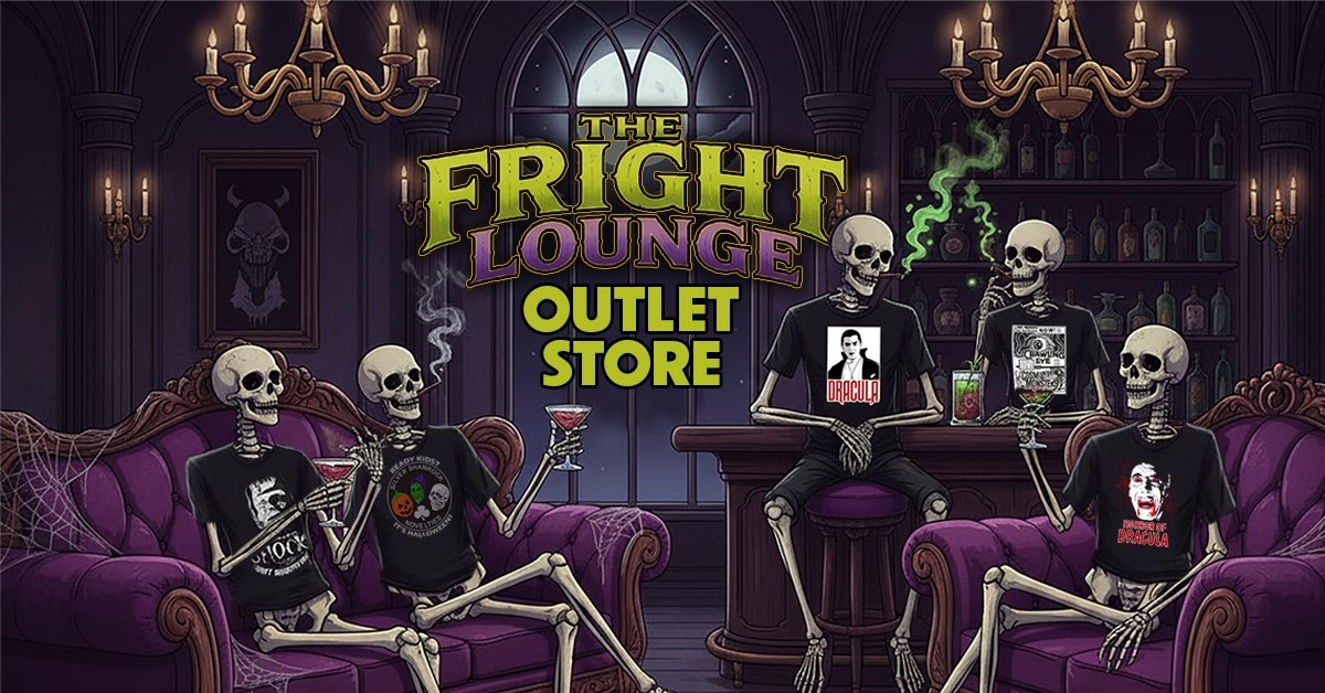 The Fright Lounge Outlet Store — skeletons relaxing in the lounge in outlet shirts