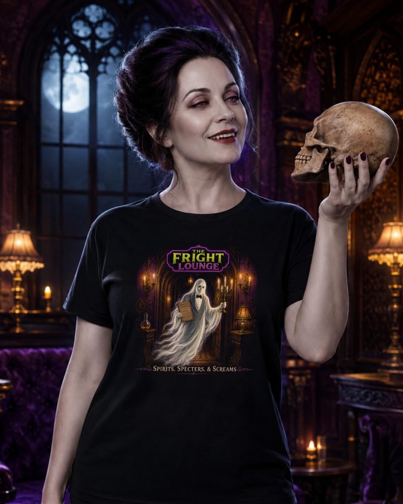 Woman in The Fright Lounge Ghost Maitre D t-shirt holding a skull
