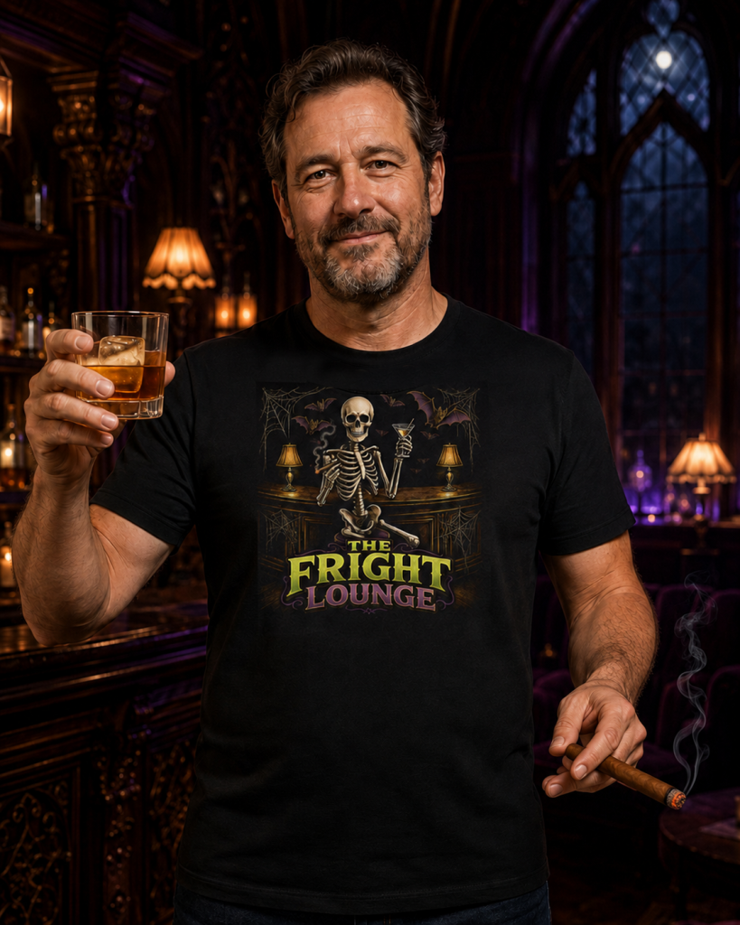 Man in The Fright Lounge Skelly at the Bar t-shirt raising a whiskey toast